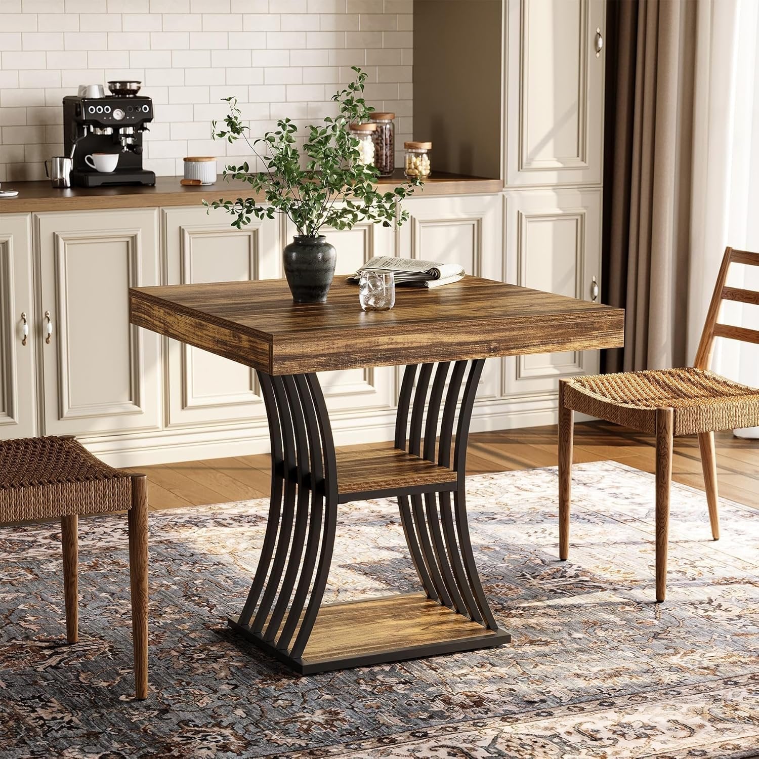 Tribesigns Industrial Dining Table with Metal Base, 31.5 Inch Kitchen Table in Brown and Black for Small Spaces