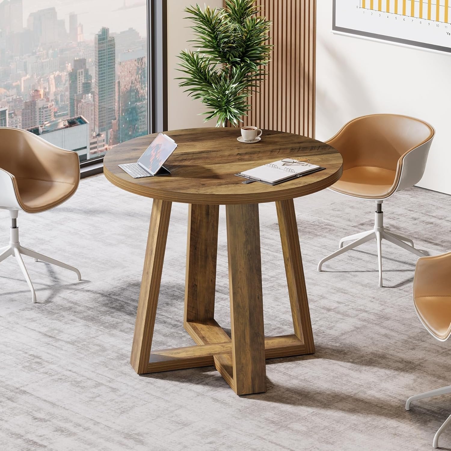 31.5" Round Farmhouse Conference Table - Wooden Meeting Desk for Small Spaces, Rustic Brown