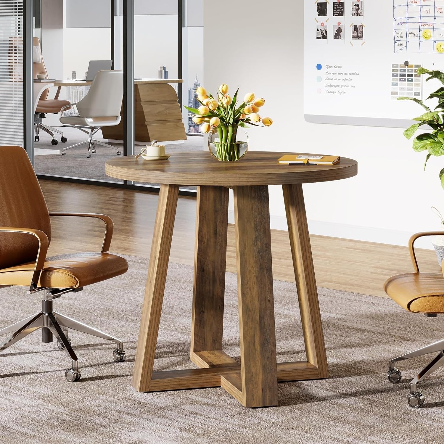 31.5" Round Farmhouse Conference Table - Wooden Meeting Desk for Small Spaces, Rustic Brown