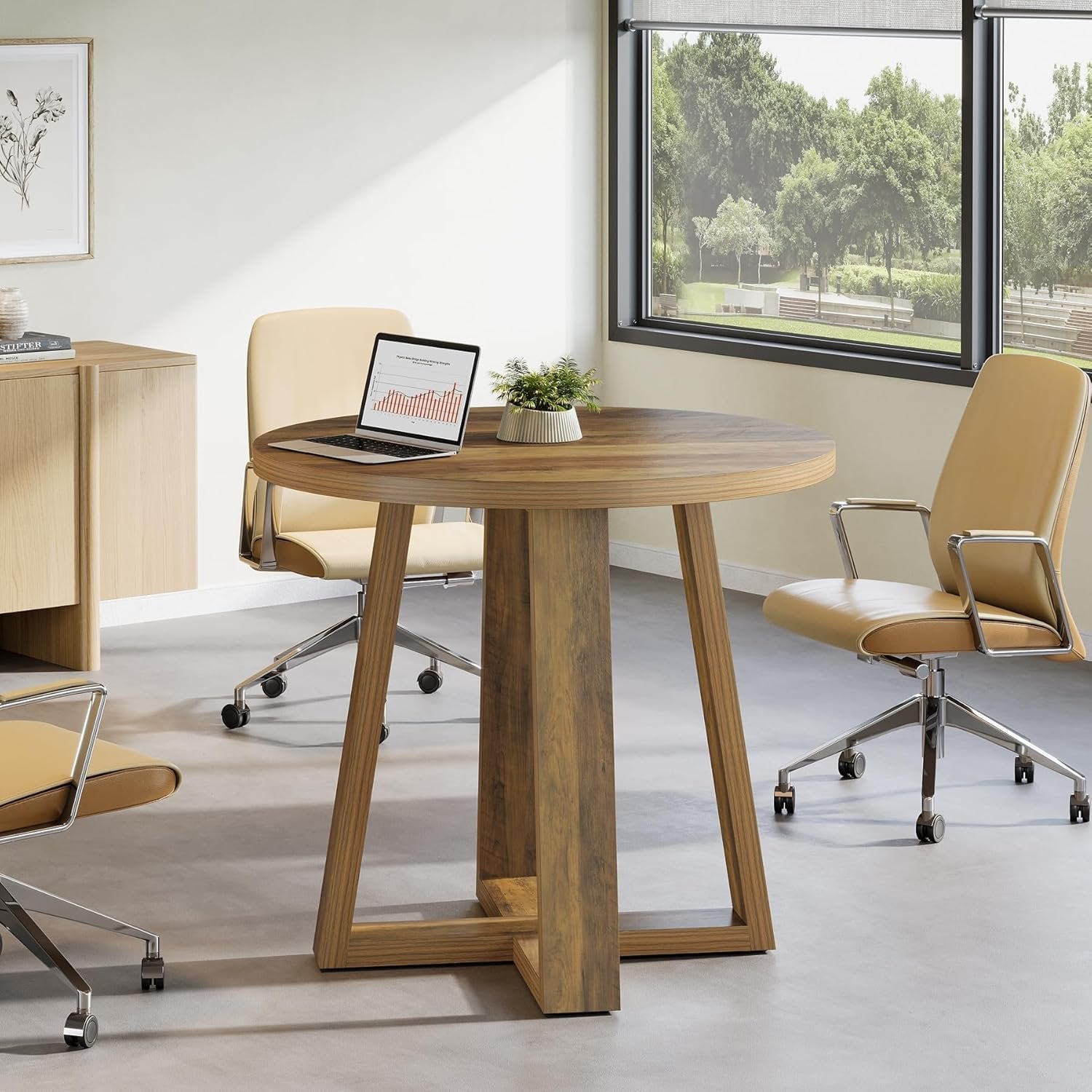 31.5" Round Farmhouse Conference Table - Wooden Meeting Desk for Small Spaces, Rustic Brown