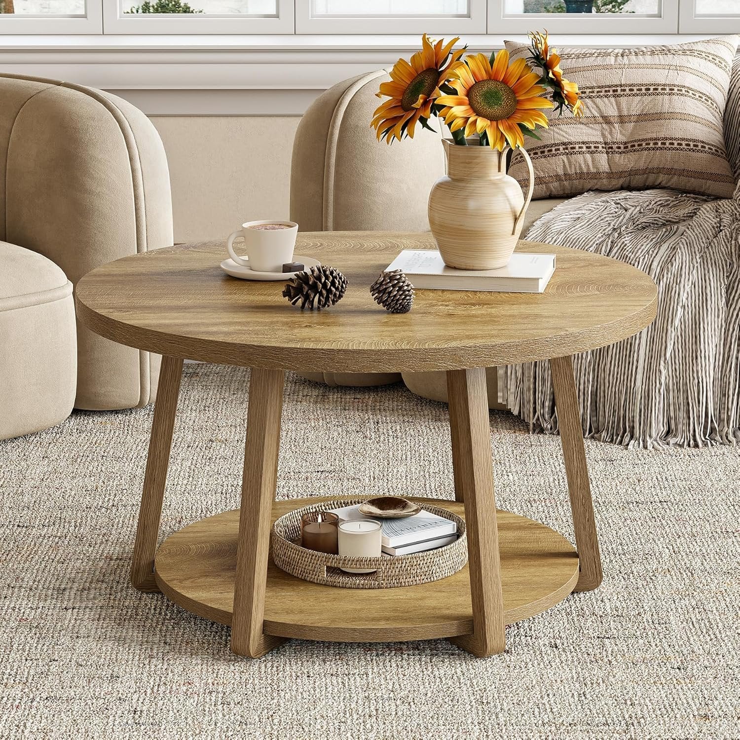31.5" Round Coffee Table, Two-Tier Storage Design with Wooden Legs, Easy Assembly for Living Room and Bedroom