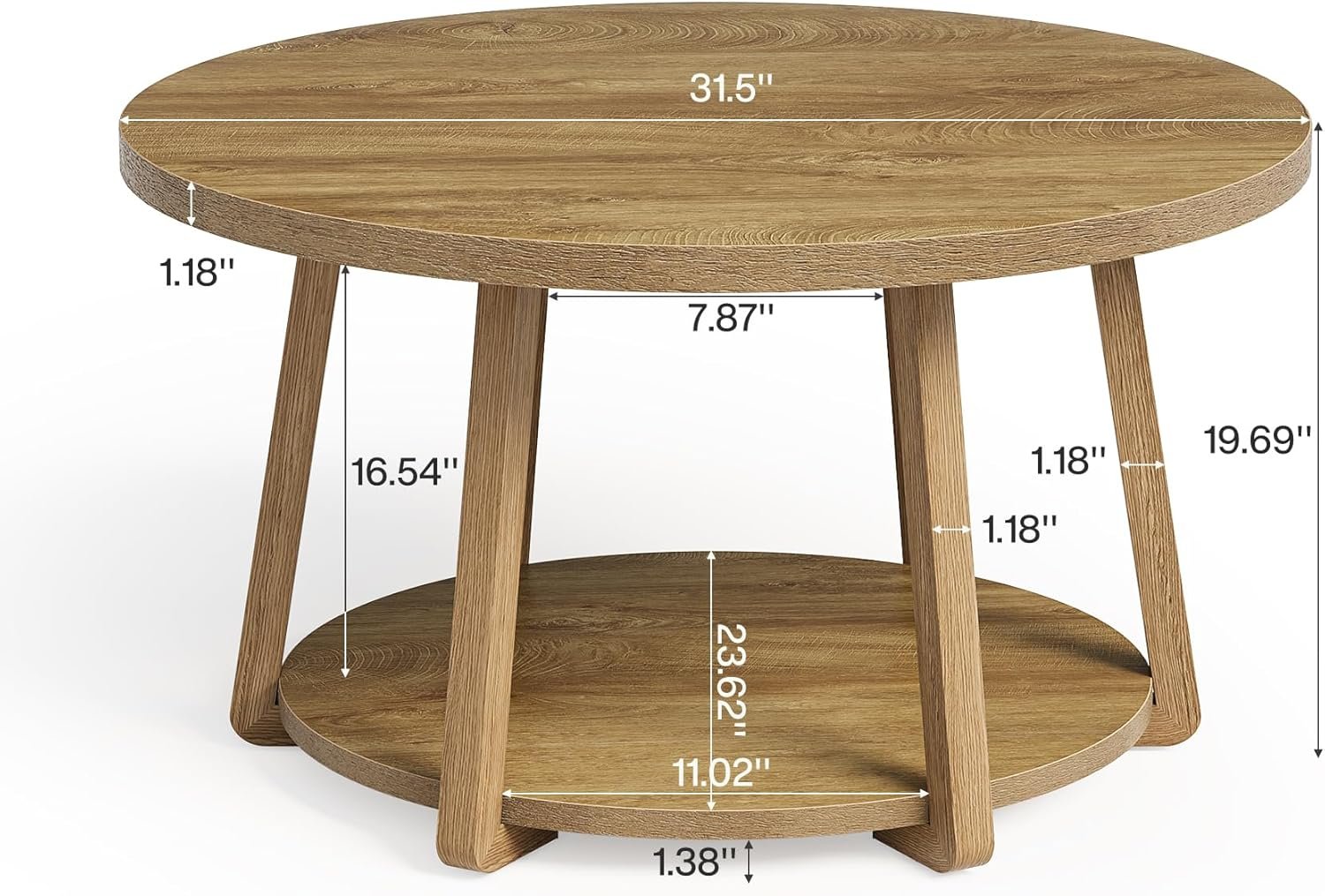 31.5" Round Coffee Table, Two-Tier Storage Design with Wooden Legs, Easy Assembly for Living Room and Bedroom