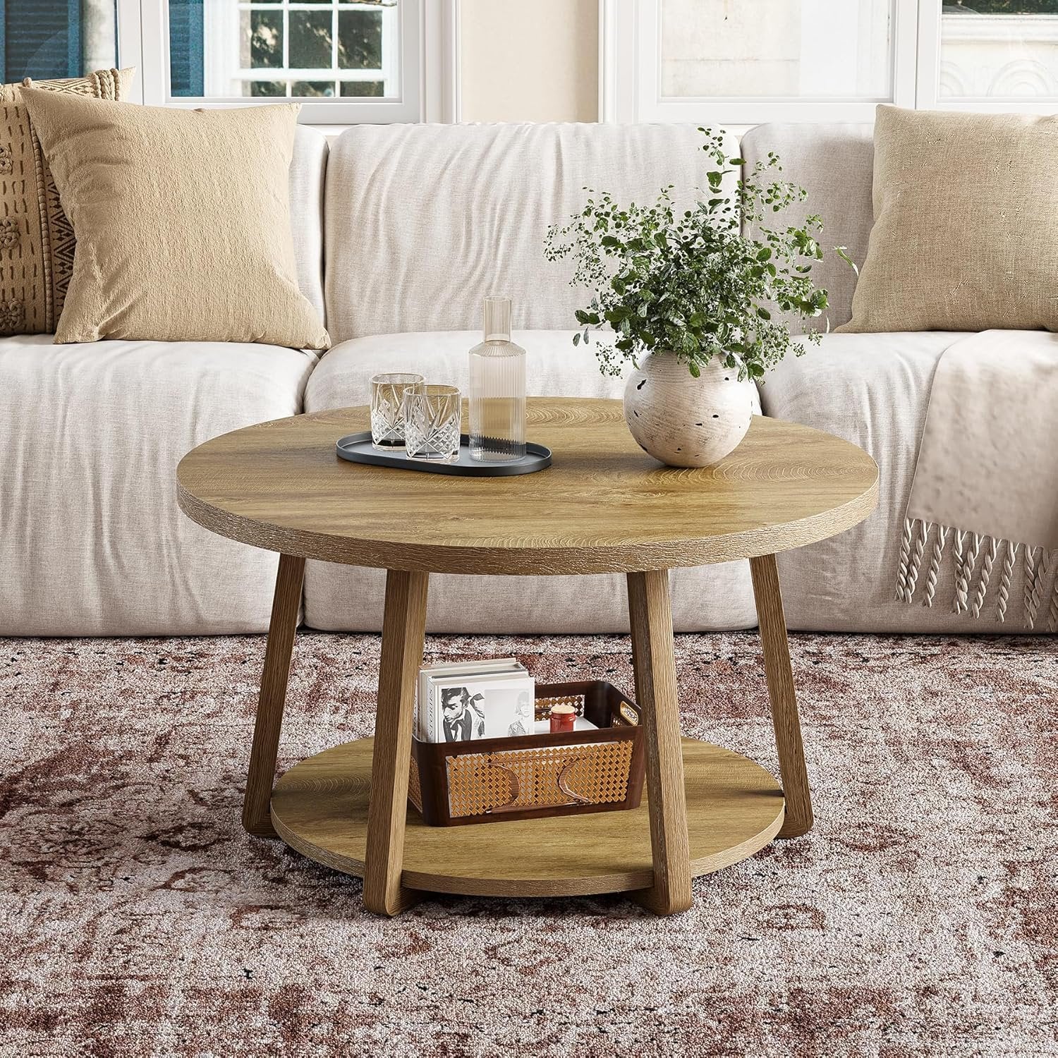 31.5" Round Coffee Table, Two-Tier Storage Design with Wooden Legs, Easy Assembly for Living Room and Bedroom