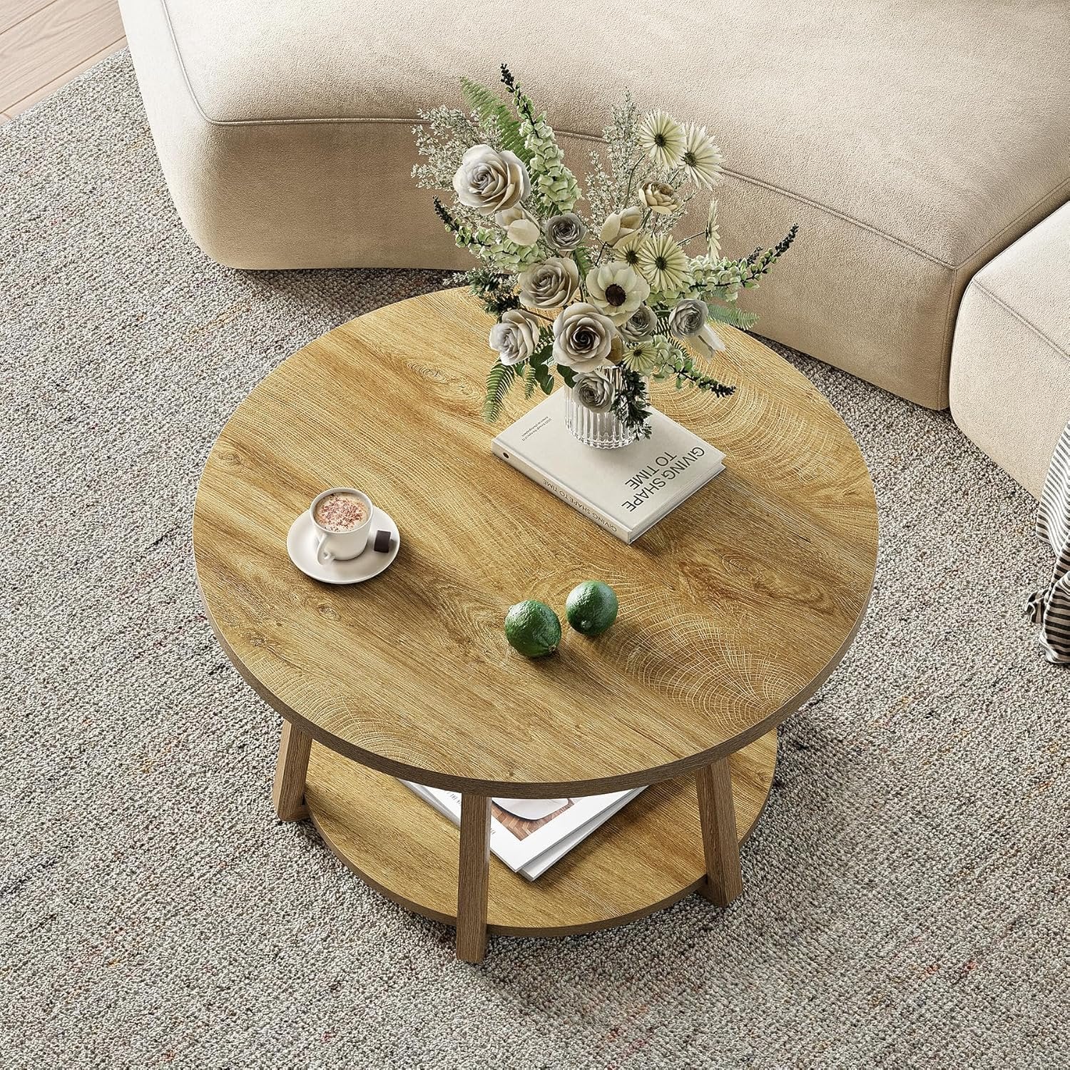 31.5" Round Coffee Table, Two-Tier Storage Design with Wooden Legs, Easy Assembly for Living Room and Bedroom