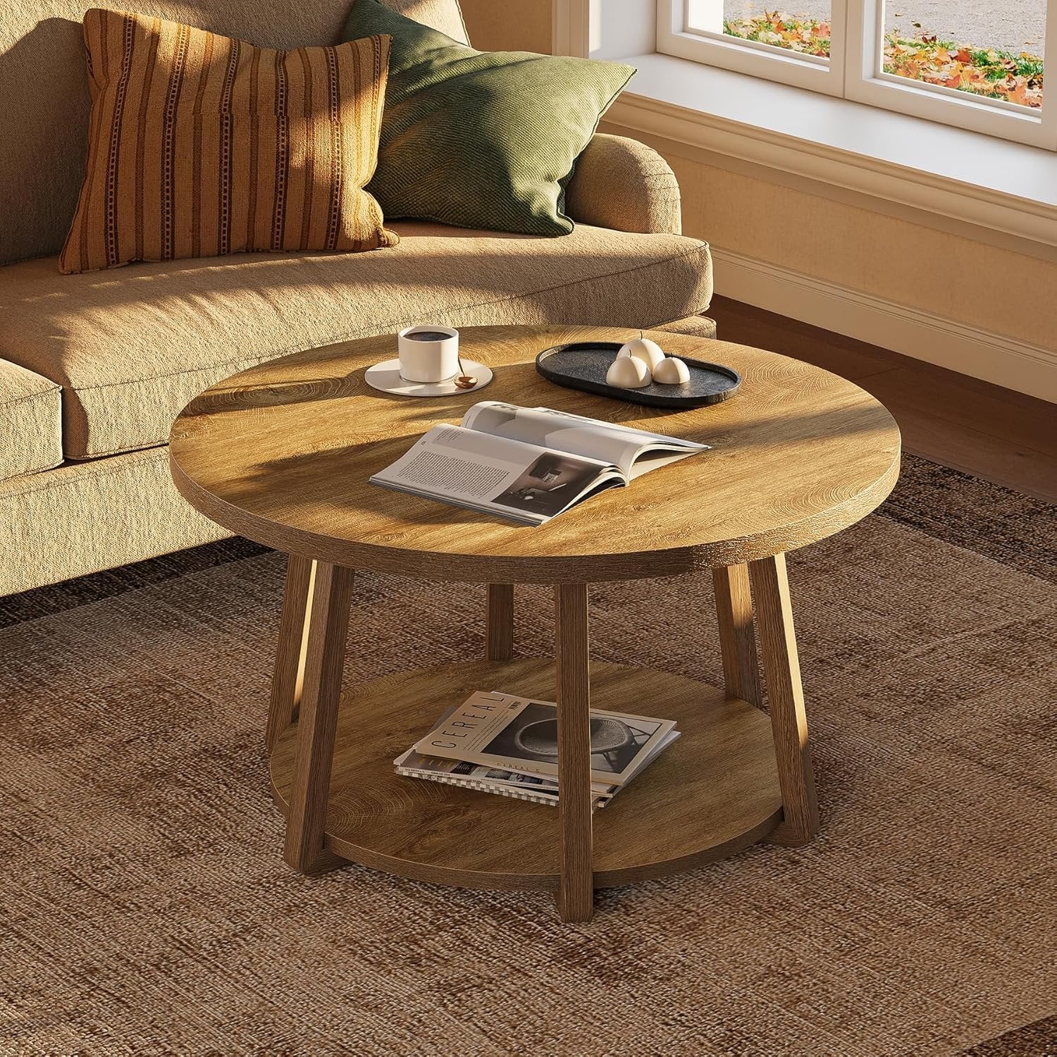 31.5" Round Coffee Table, Two-Tier Storage Design with Wooden Legs, Easy Assembly for Living Room and Bedroom