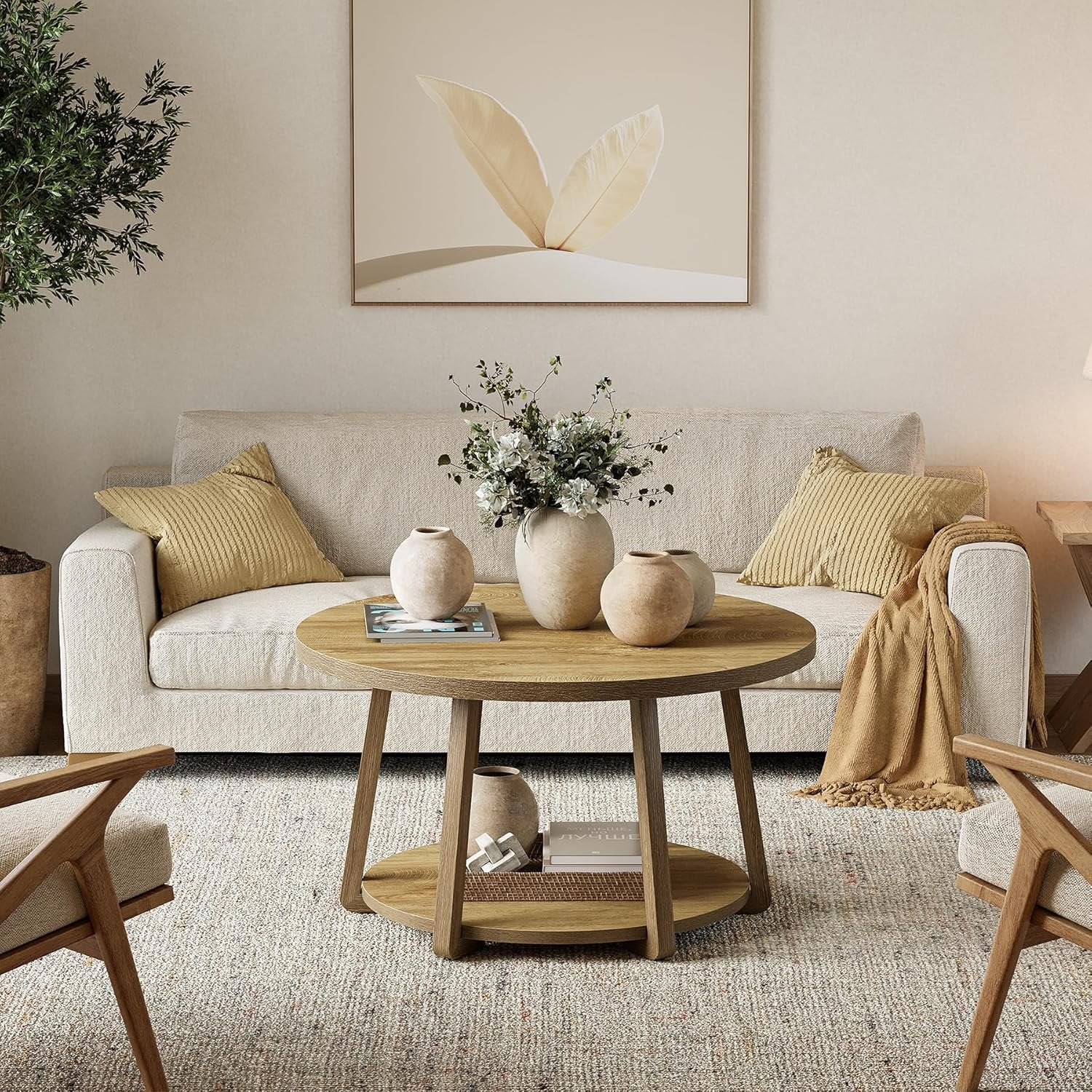 31.5" Round Coffee Table, Two-Tier Storage Design with Wooden Legs, Easy Assembly for Living Room and Bedroom
