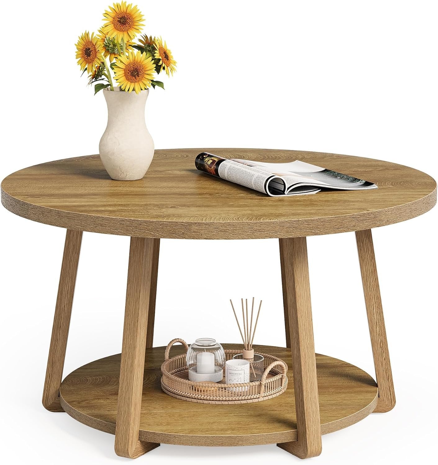 31.5" Round Coffee Table, Two-Tier Storage Design with Wooden Legs, Easy Assembly for Living Room and Bedroom