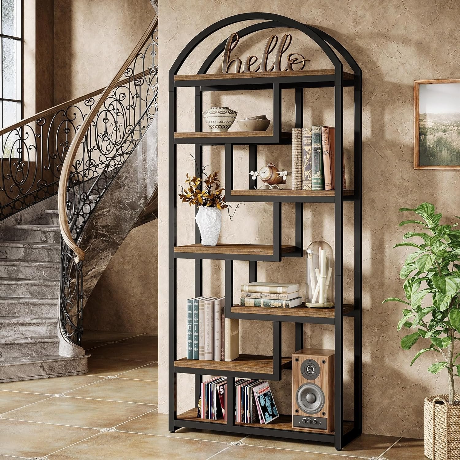 71-Inch Arched Bookshelf, Industrial Open Shelf Organizer for Living Room & Home Office