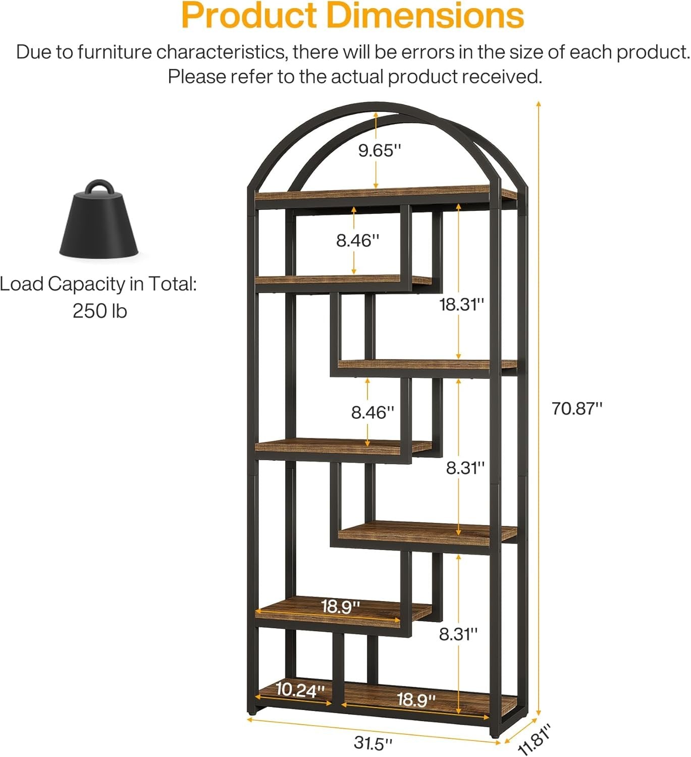 71-Inch Arched Bookshelf, Industrial Open Shelf Organizer for Living Room & Home Office