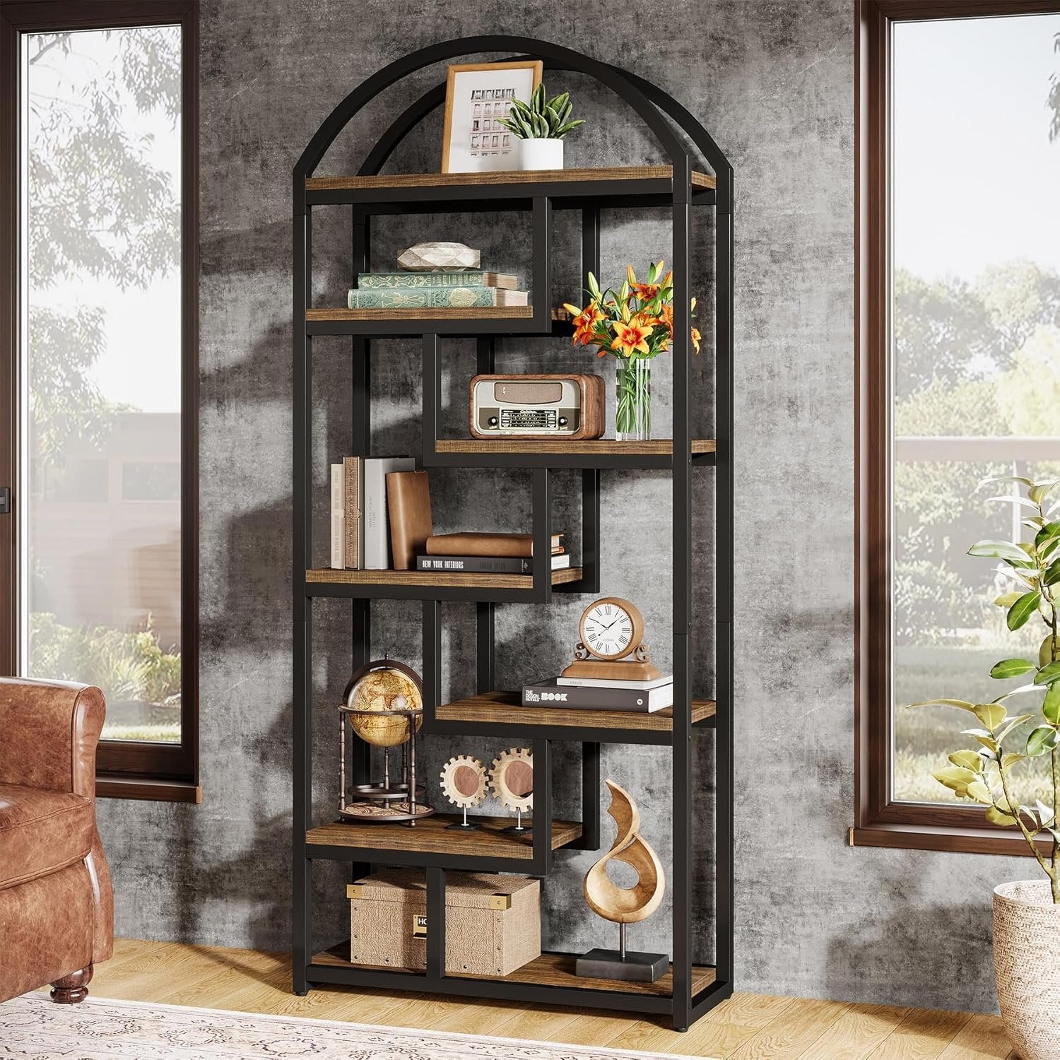 71-Inch Arched Bookshelf, Industrial Open Shelf Organizer for Living Room & Home Office