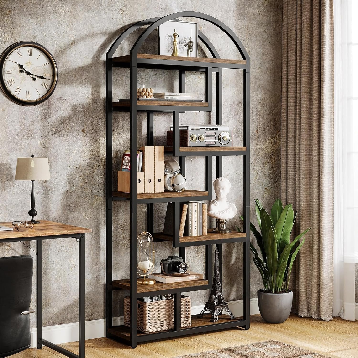 71-Inch Arched Bookshelf, Industrial Open Shelf Organizer for Living Room & Home Office