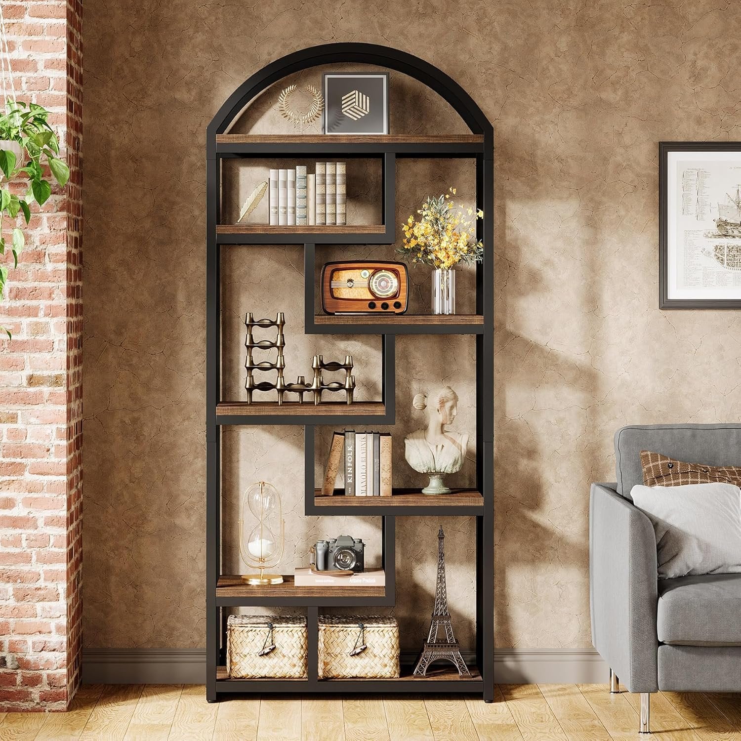 71-Inch Arched Bookshelf, Industrial Open Shelf Organizer for Living Room & Home Office