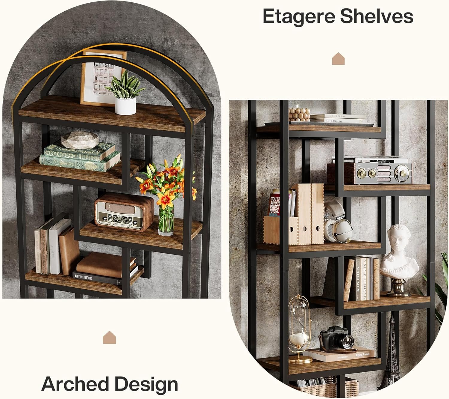 71-Inch Arched Bookshelf, Industrial Open Shelf Organizer for Living Room & Home Office