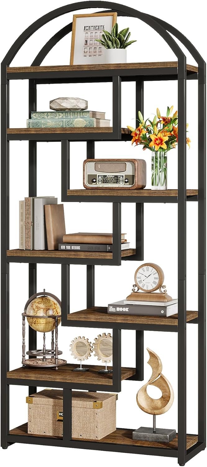 71-Inch Arched Bookshelf, Industrial Open Shelf Organizer for Living Room & Home Office