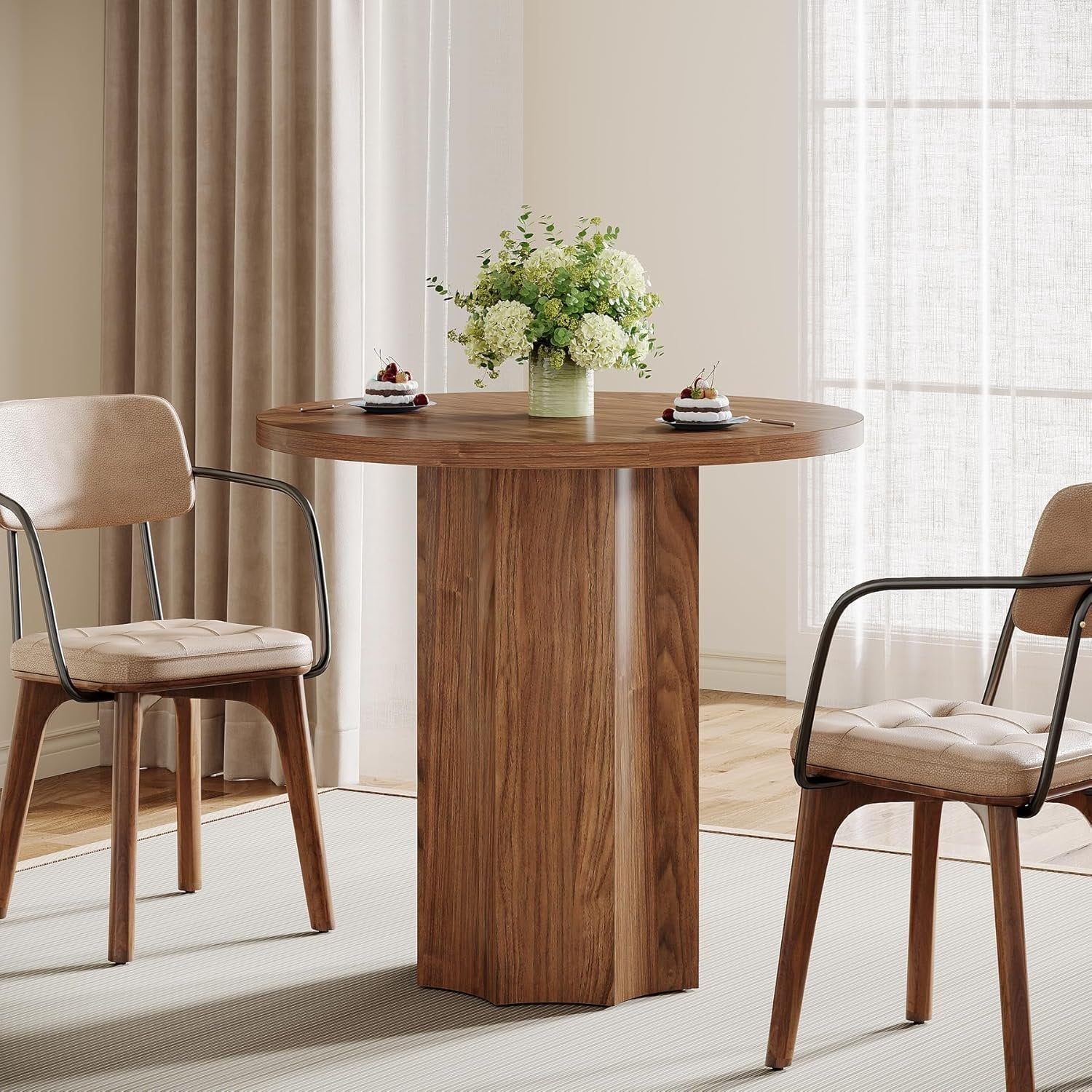 31.5" Round Dining Table for 2 - Small Walnut Kitchen Table for Compact Spaces