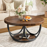 Industrial Round Coffee Table, 35.4 Inch Two-Tier Storage Table in Brown and Black 3