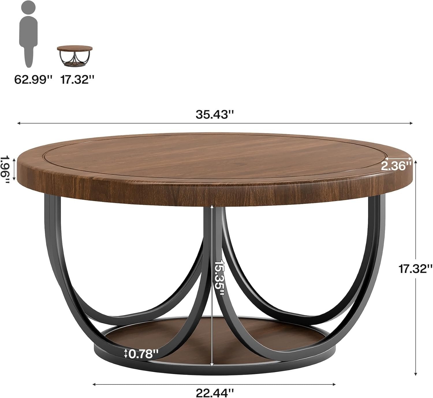 Industrial Round Coffee Table, 35.4 Inch Two-Tier Storage Table in Brown and Black