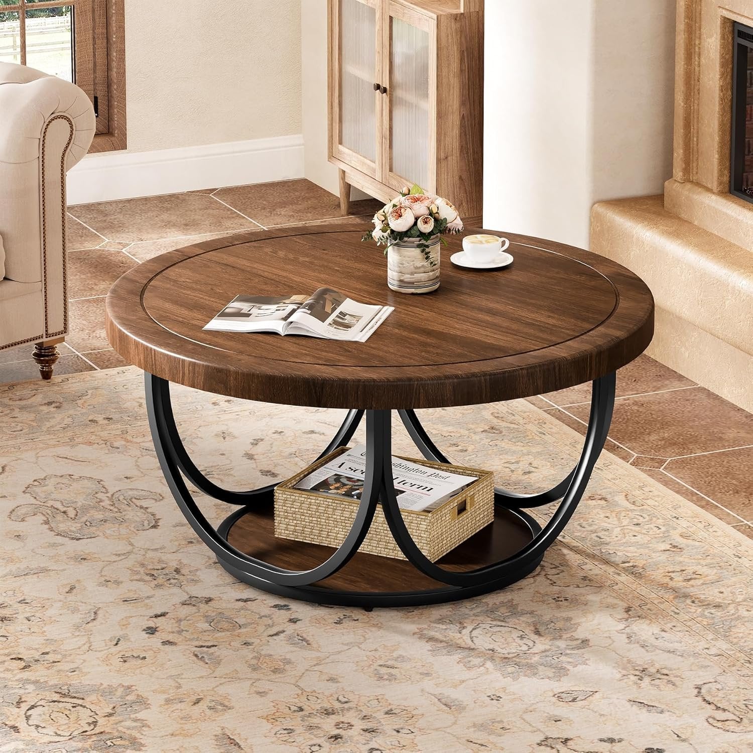 Industrial Round Coffee Table, 35.4 Inch Two-Tier Storage Table in Brown and Black
