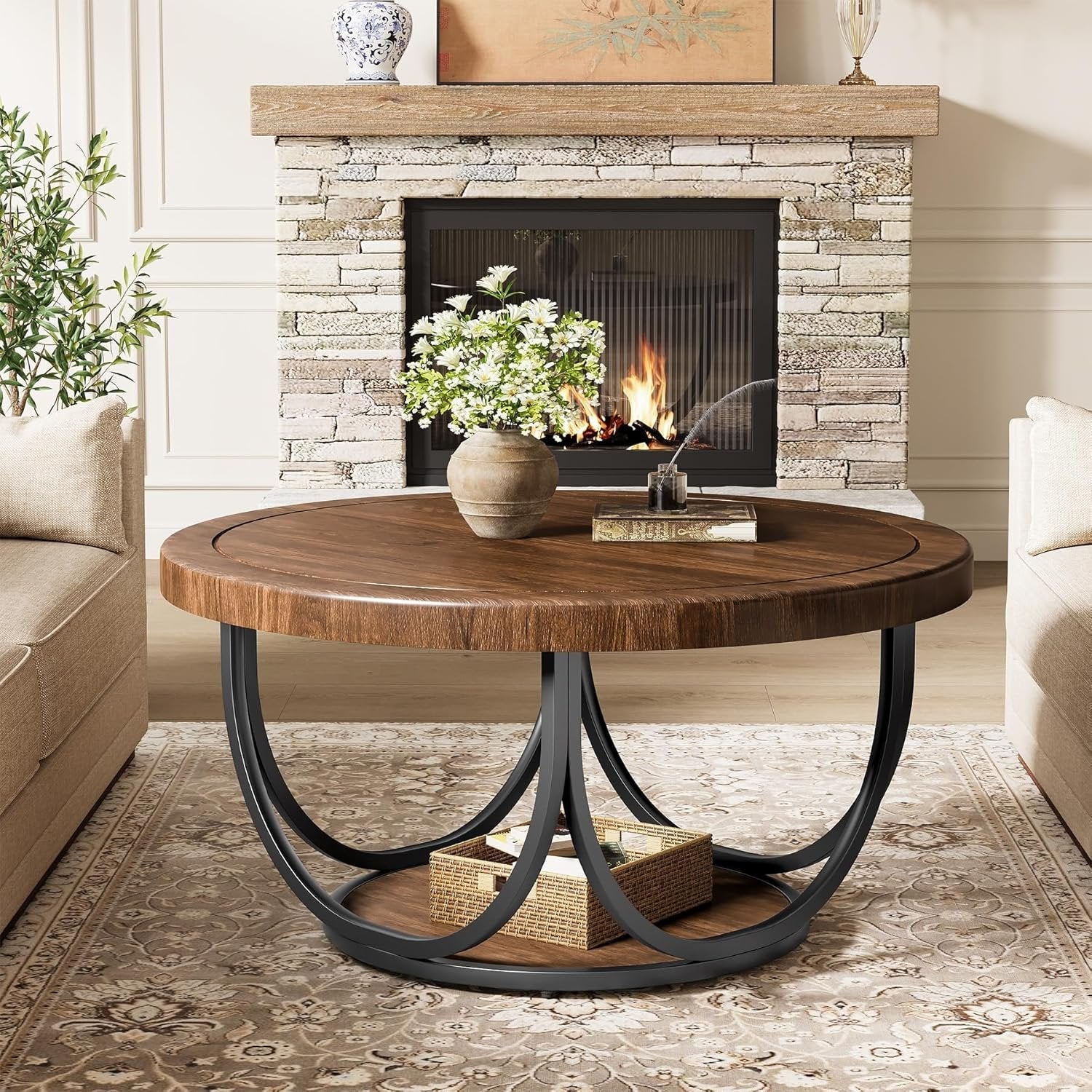 Industrial Round Coffee Table, 35.4 Inch Two-Tier Storage Table in Brown and Black