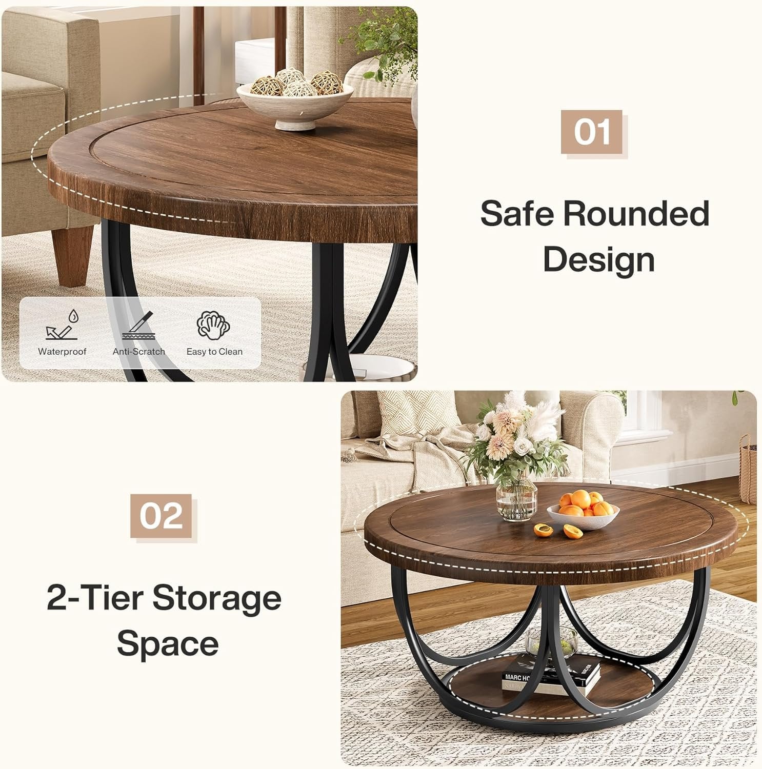 Industrial Round Coffee Table, 35.4 Inch Two-Tier Storage Table in Brown and Black