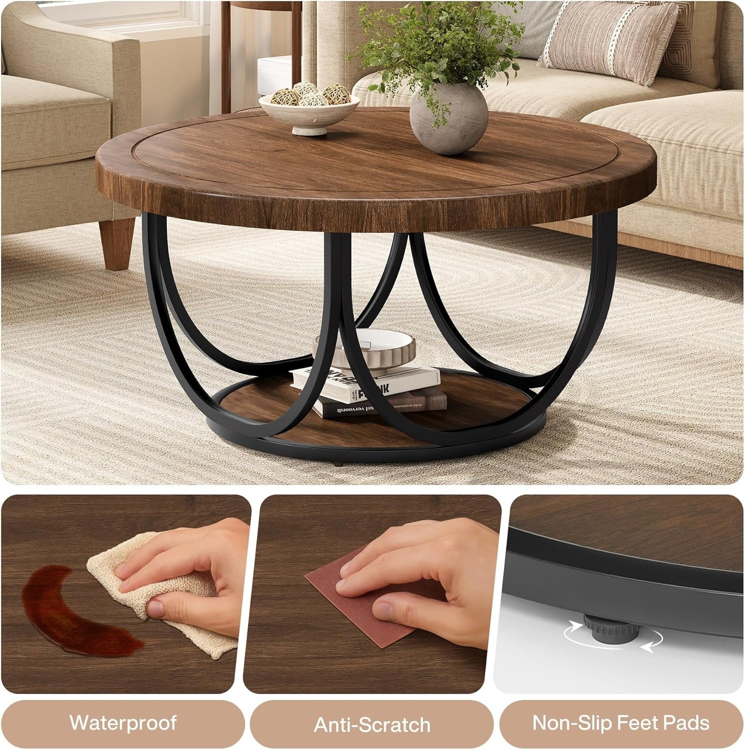 Industrial Round Coffee Table, 35.4 Inch Two-Tier Storage Table in Brown and Black