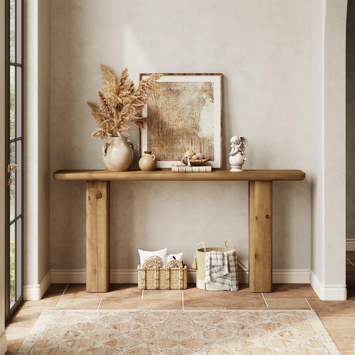 Solid Storage Console, 63-Inch Rustic Wood Table for Hallway & Foyer