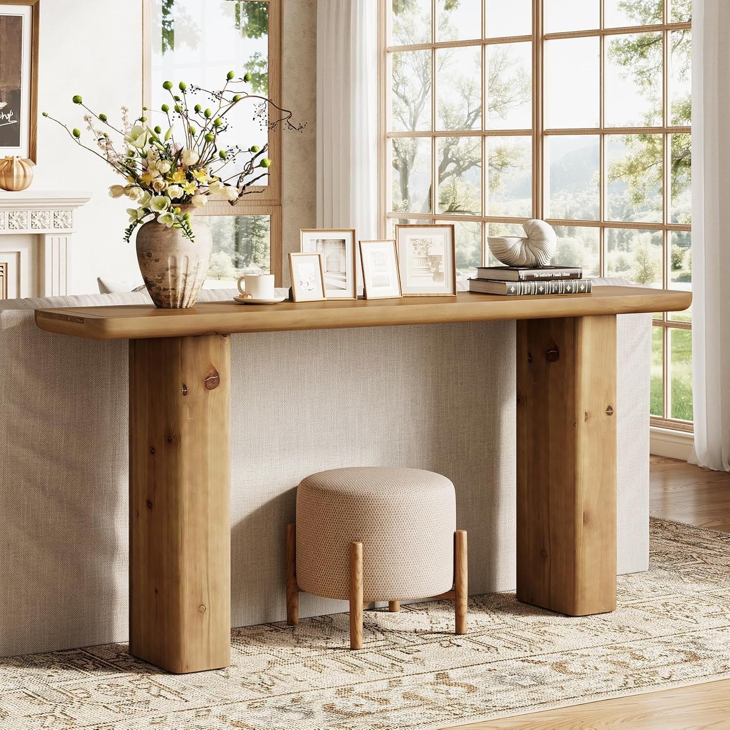 Solid Storage Console, 63-Inch Rustic Wood Table for Hallway & Foyer