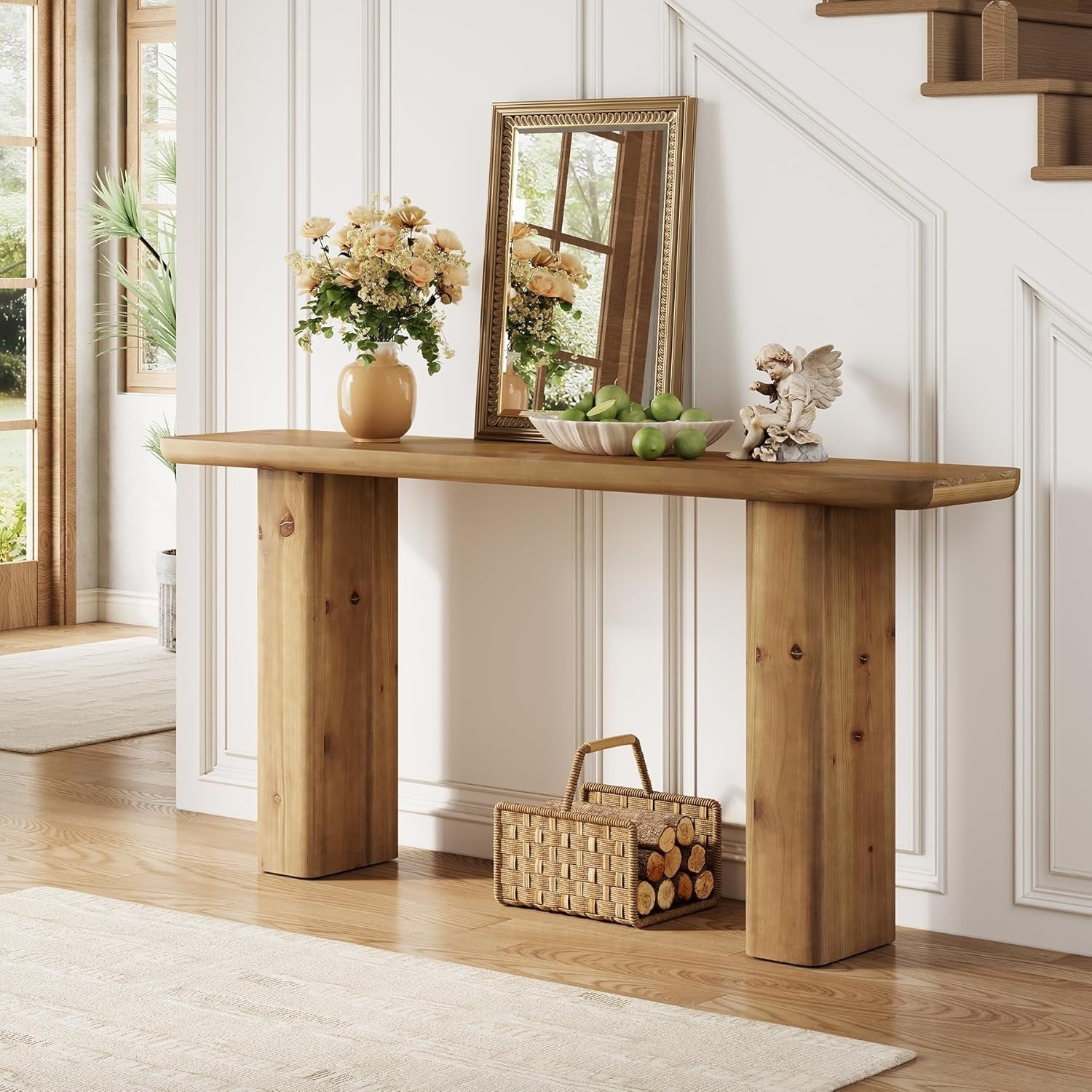 Solid Storage Console, 63-Inch Rustic Wood Table for Hallway & Foyer