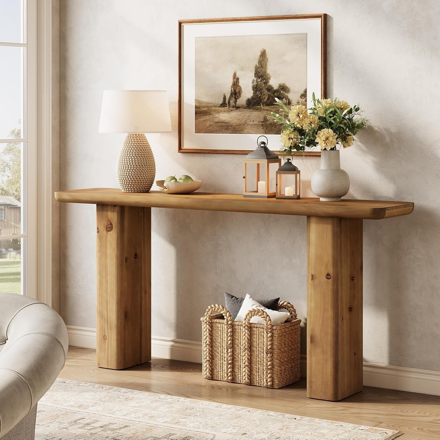 Solid Storage Console, 63-Inch Rustic Wood Table for Hallway & Foyer