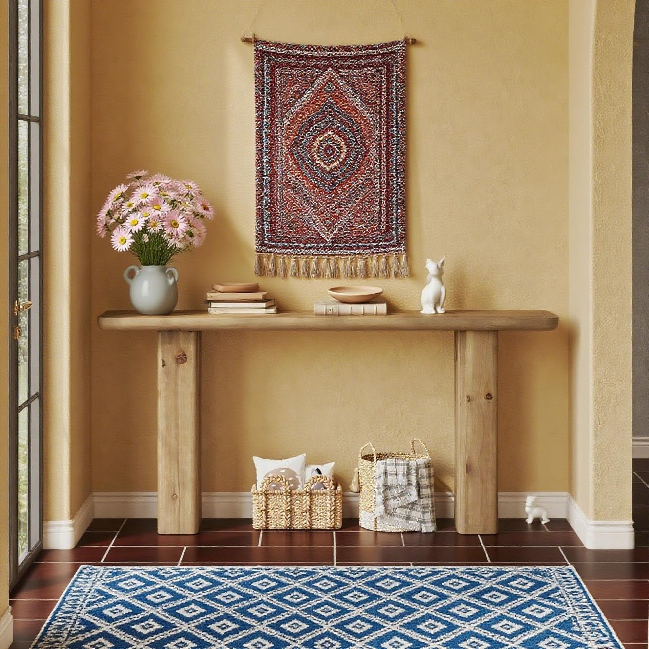 Solid Storage Console, 63-Inch Rustic Wood Table for Hallway & Foyer