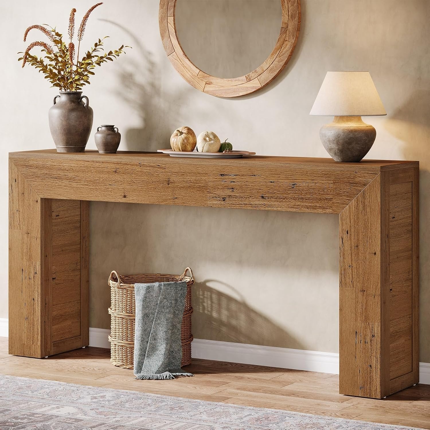 62-Inch Extra Long Farmhouse Console Table, Light Brown Narrow Sofa Table for Entryway & Living Room