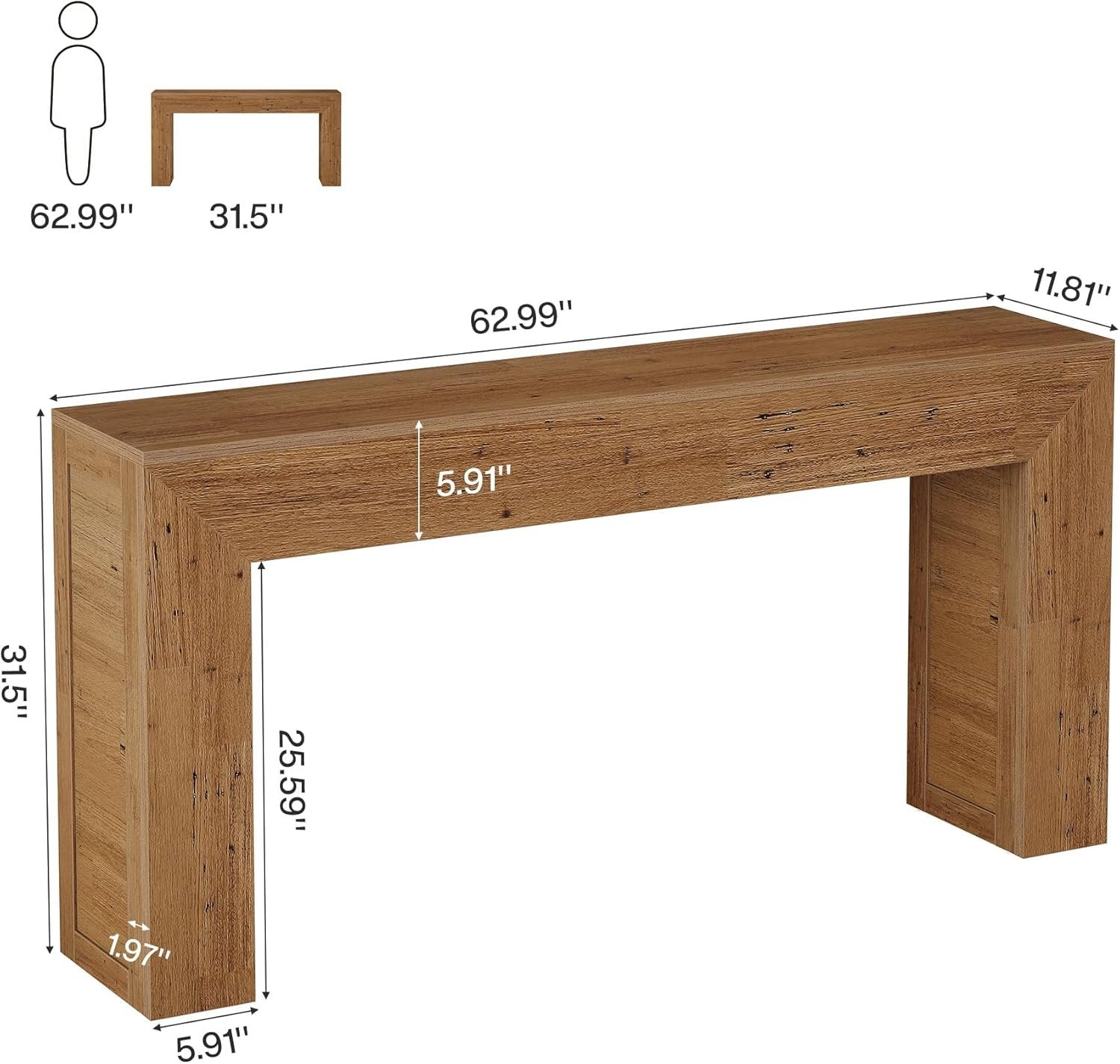 62-Inch Extra Long Farmhouse Console Table, Light Brown Narrow Sofa Table for Entryway & Living Room