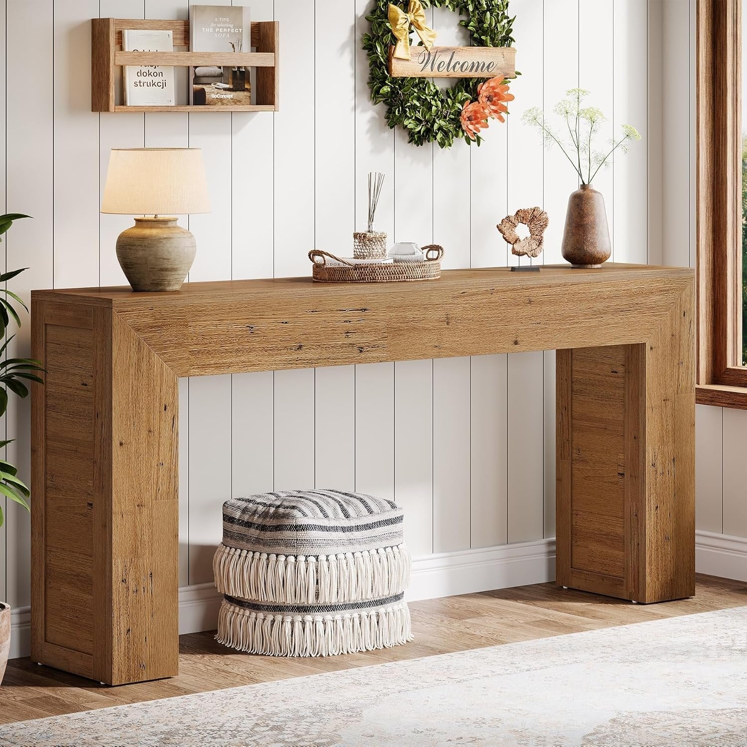 62-Inch Extra Long Farmhouse Console Table, Light Brown Narrow Sofa Table for Entryway & Living Room