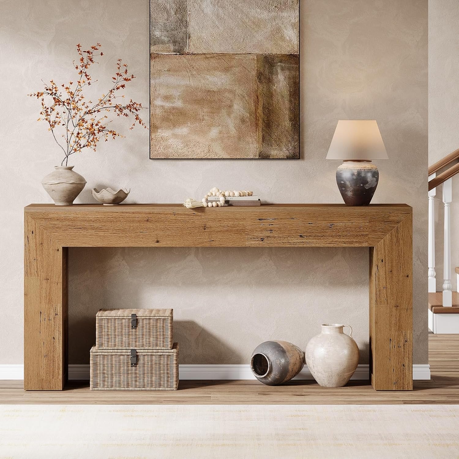 62-Inch Extra Long Farmhouse Console Table, Light Brown Narrow Sofa Table for Entryway & Living Room