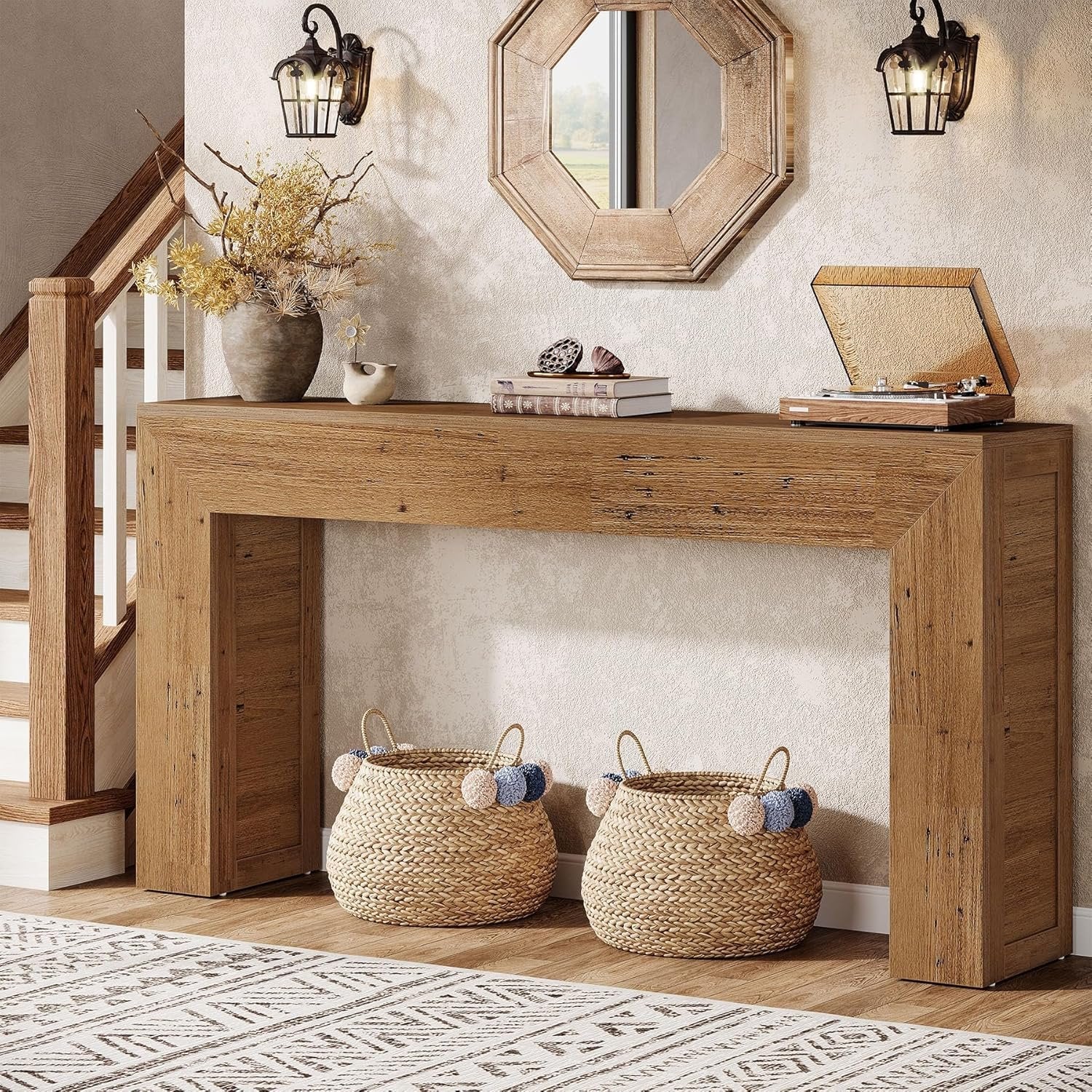 62-Inch Extra Long Farmhouse Console Table, Light Brown Narrow Sofa Table for Entryway & Living Room
