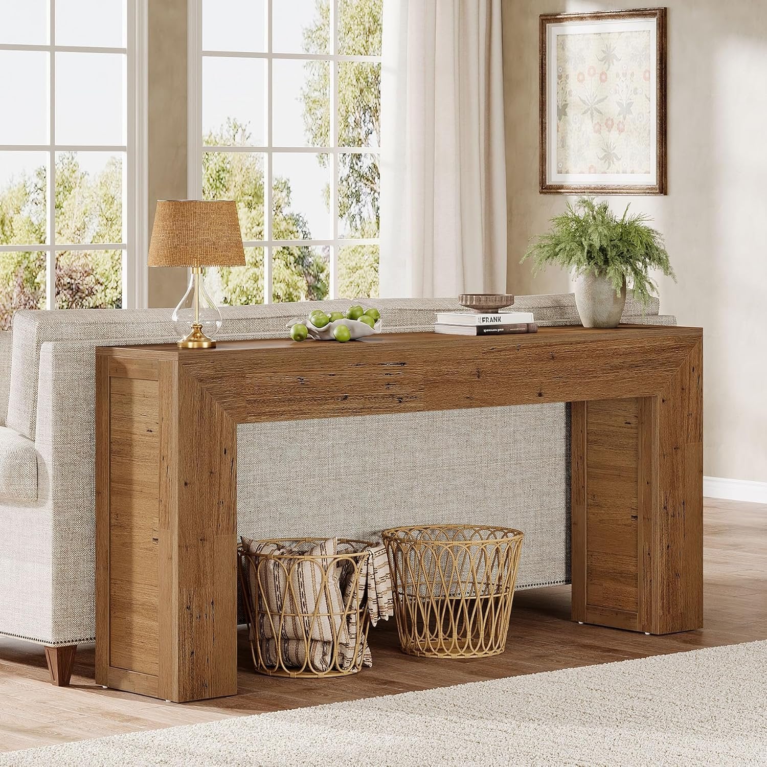 62-Inch Extra Long Farmhouse Console Table, Light Brown Narrow Sofa Table for Entryway & Living Room