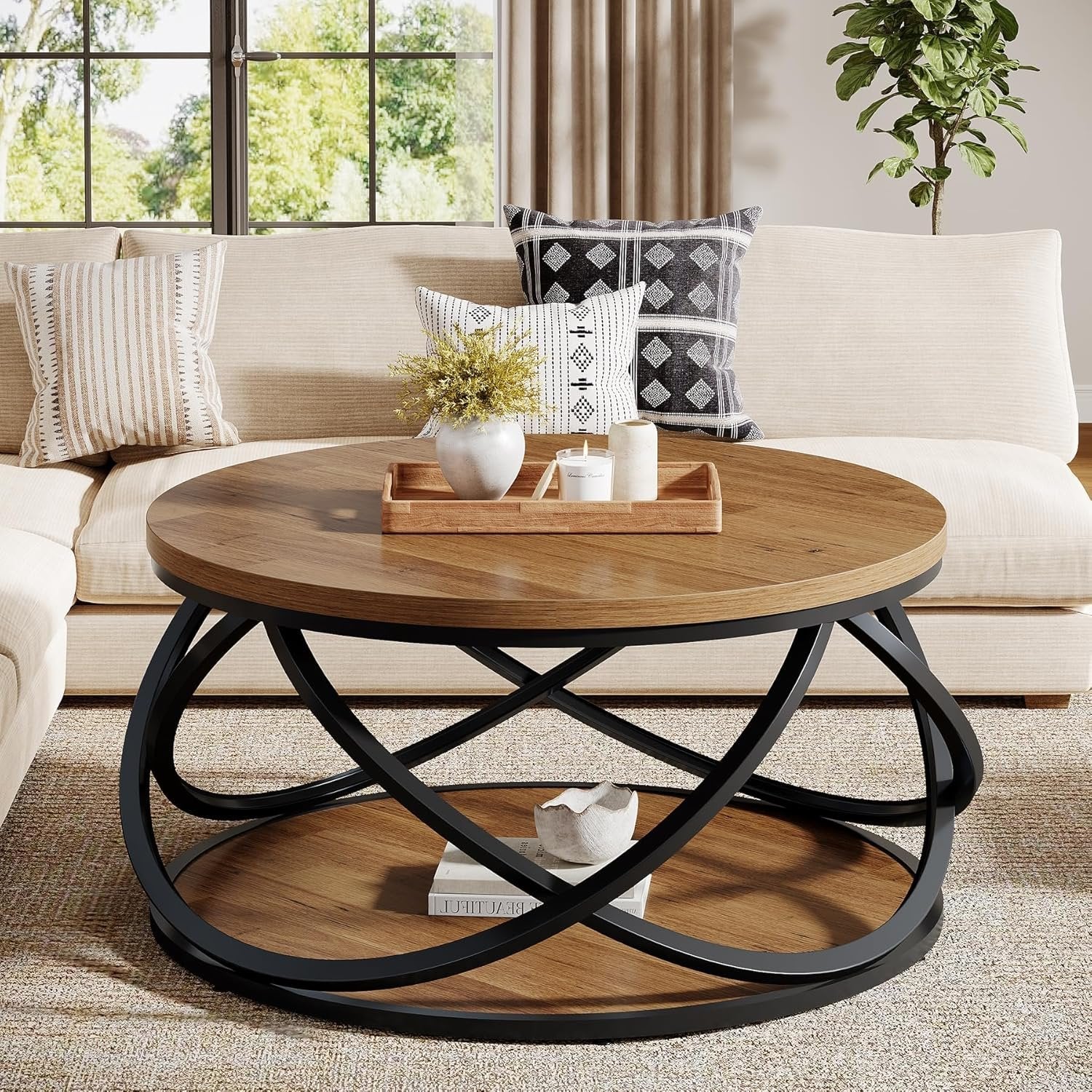 31.5" Two-Tier Round Coffee Table, Modern Circle Center Table with Wood Grain and Cross Metal Base