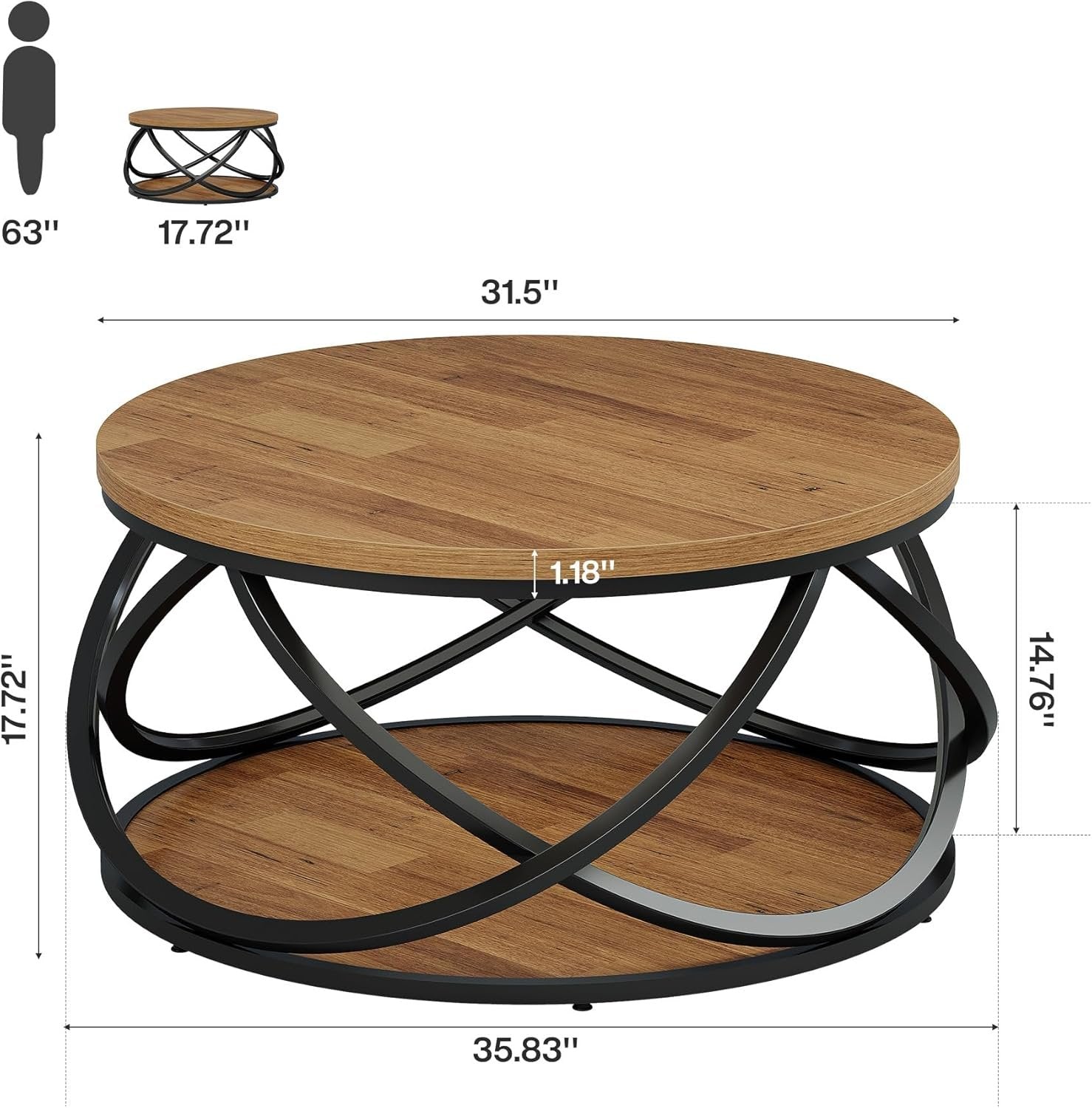 31.5" Two-Tier Round Coffee Table, Modern Circle Center Table with Wood Grain and Cross Metal Base