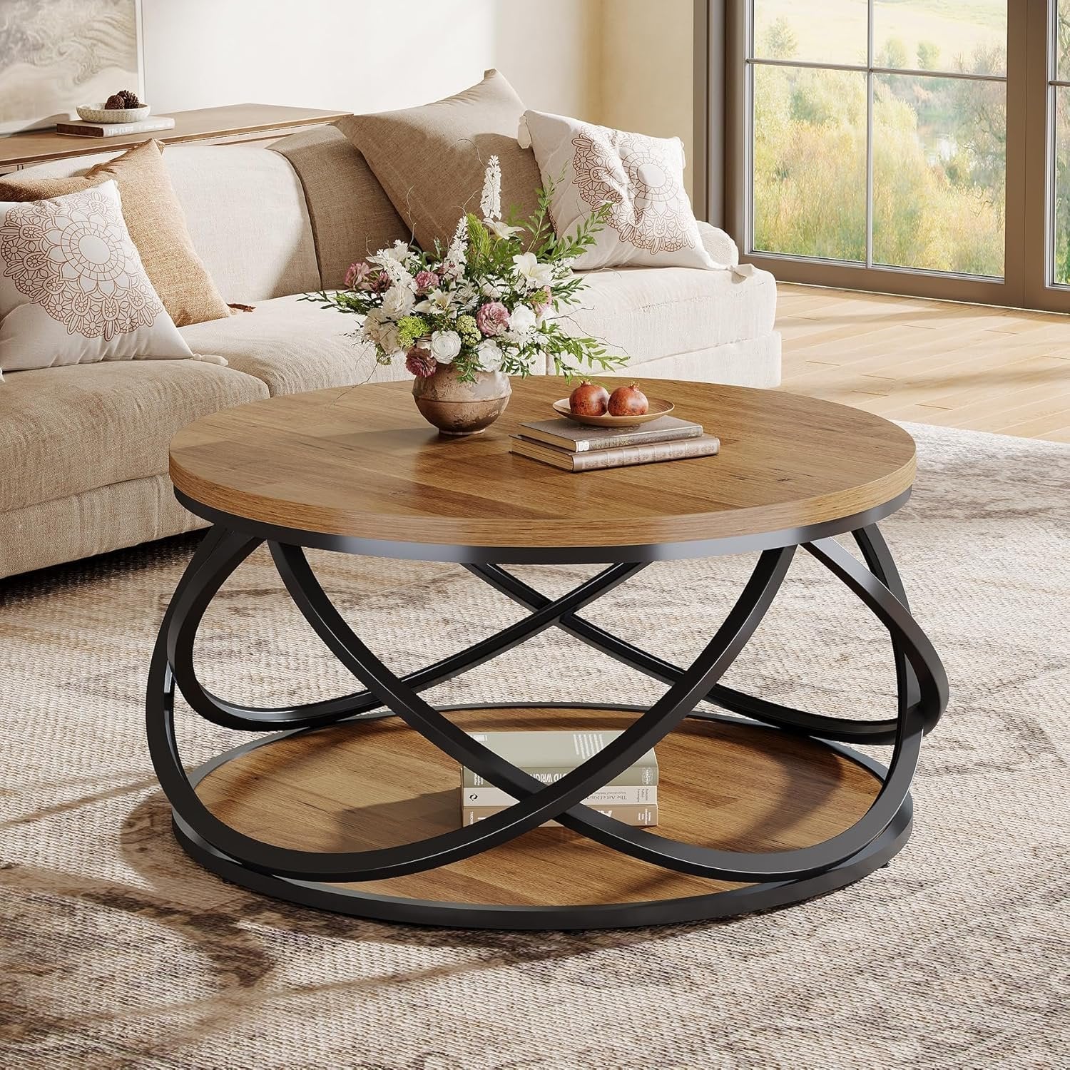 31.5" Two-Tier Round Coffee Table, Modern Circle Center Table with Wood Grain and Cross Metal Base