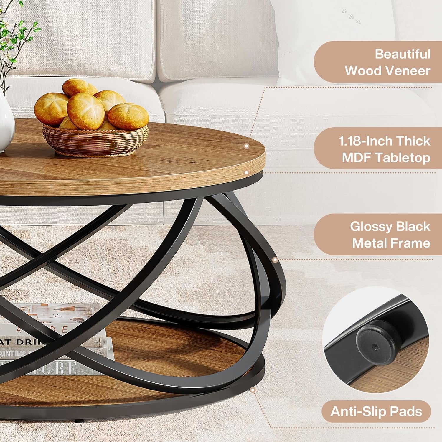 31.5" Two-Tier Round Coffee Table, Modern Circle Center Table with Wood Grain and Cross Metal Base