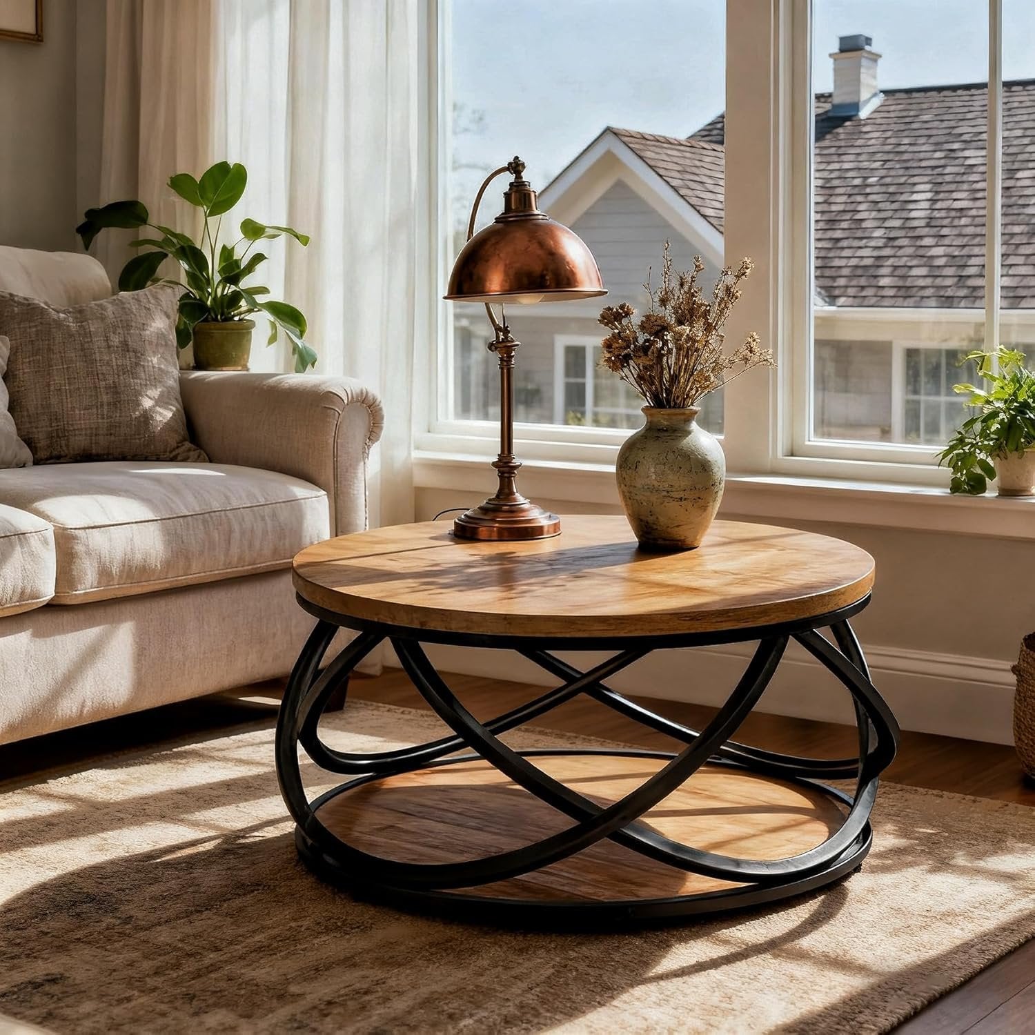 31.5" Two-Tier Round Coffee Table, Modern Circle Center Table with Wood Grain and Cross Metal Base