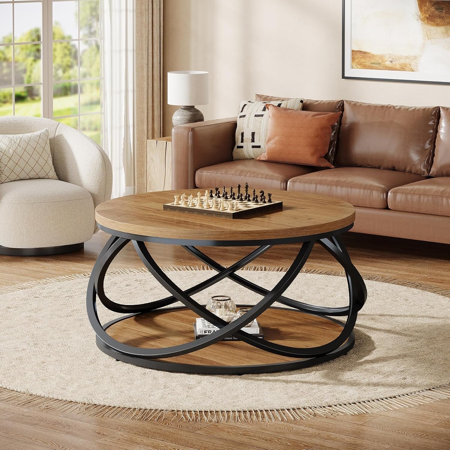 31.5" Two-Tier Round Coffee Table, Modern Circle Center Table with Wood Grain and Cross Metal Base
