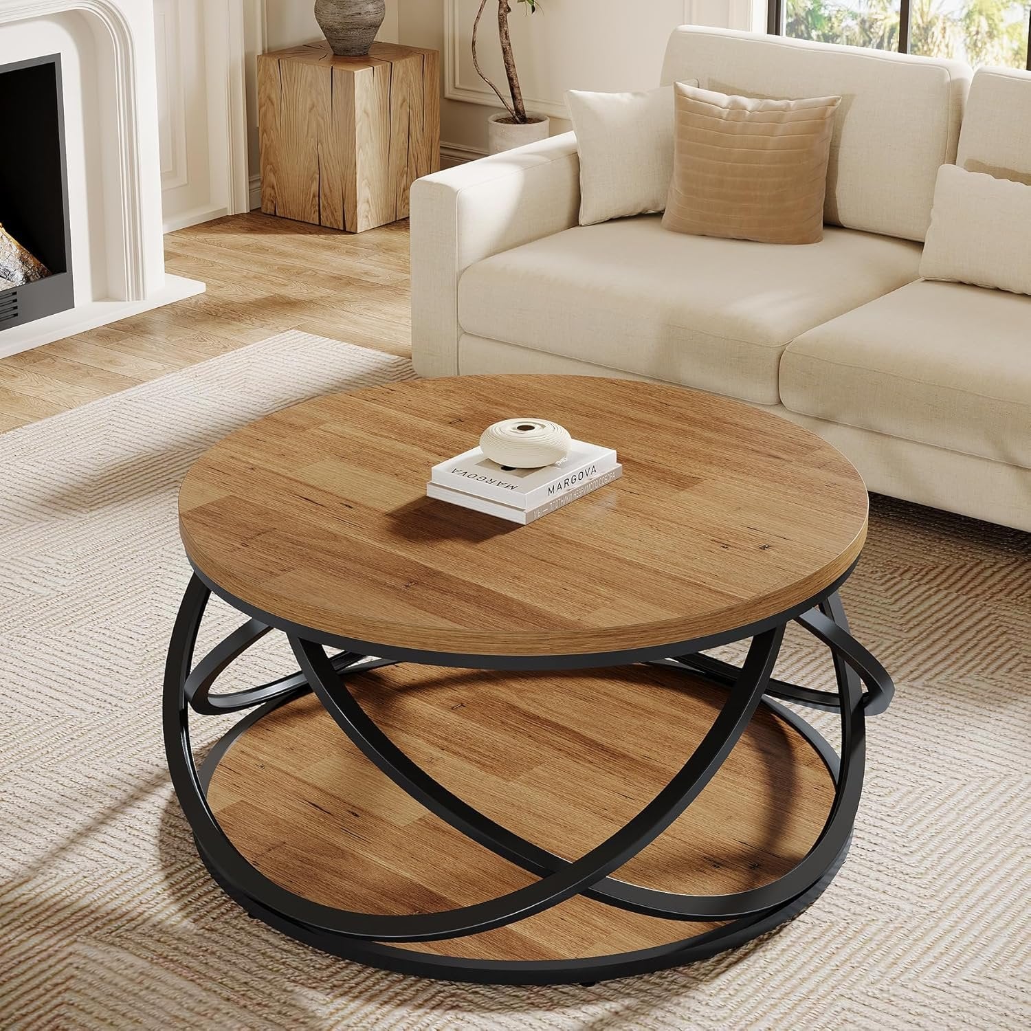 31.5" Two-Tier Round Coffee Table, Modern Circle Center Table with Wood Grain and Cross Metal Base