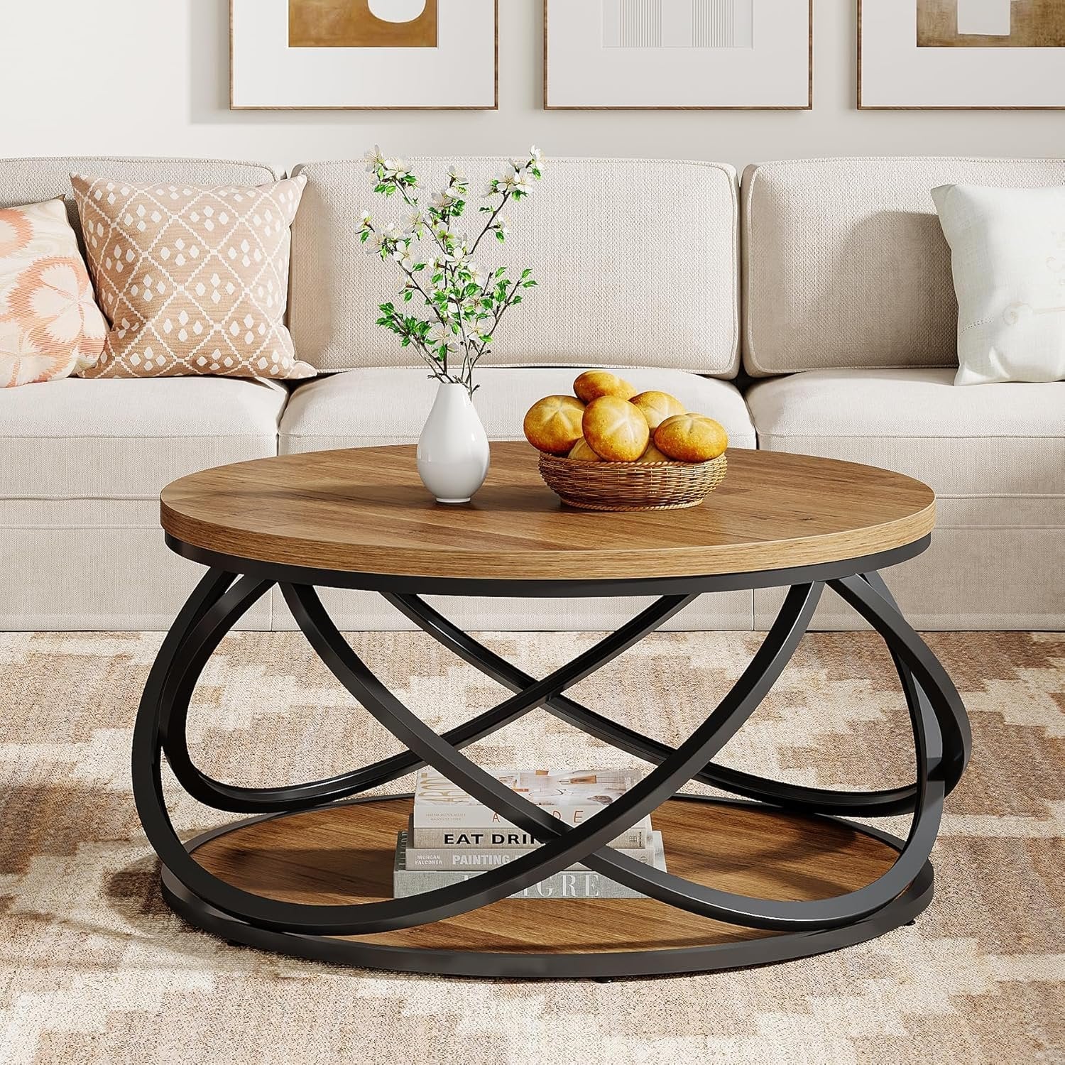 31.5" Two-Tier Round Coffee Table, Modern Circle Center Table with Wood Grain and Cross Metal Base