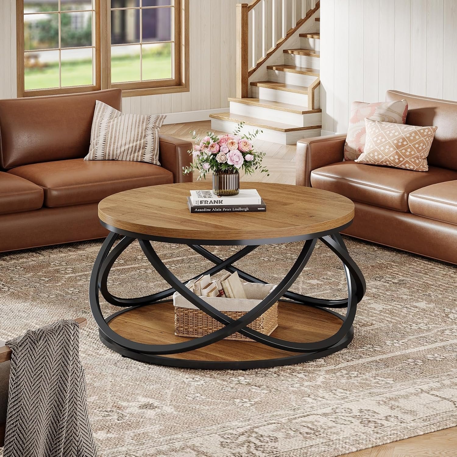 31.5" Two-Tier Round Coffee Table, Modern Circle Center Table with Wood Grain and Cross Metal Base