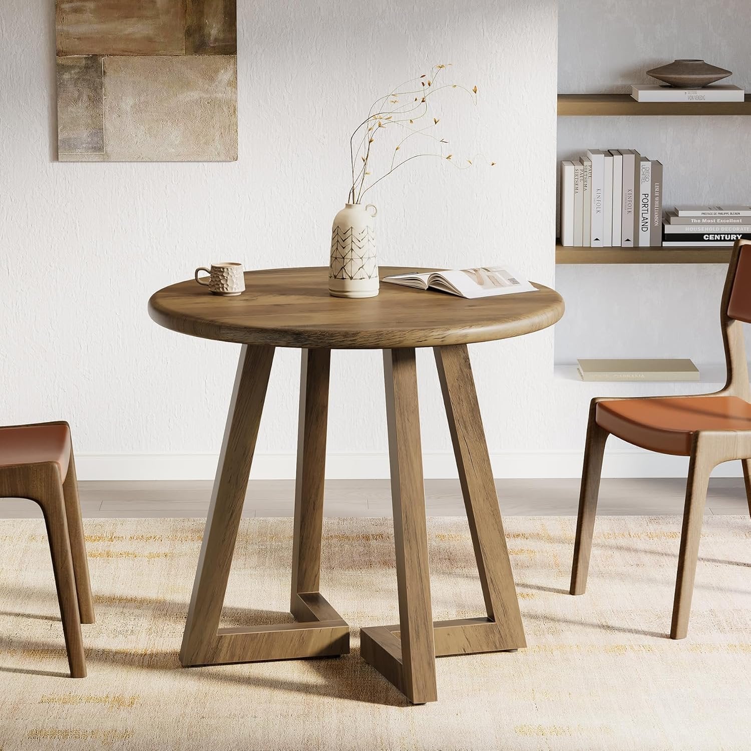 Compact Round Conference Table, 31.5-Inch Office Meeting Desk for Four People in Brown