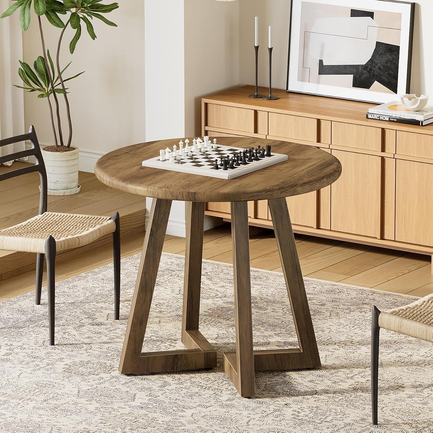 Compact Round Conference Table, 31.5-Inch Office Meeting Desk for Four People in Brown