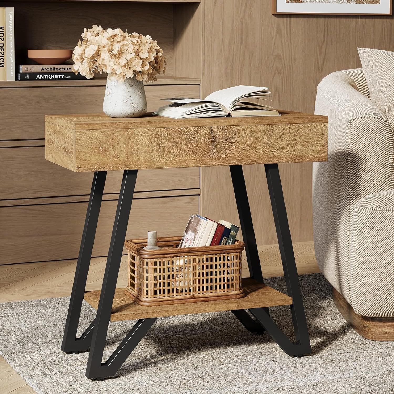 24" Natural Narrow End Table with Storage Shelf – Space-Saving Nightstand for Couch & Bedroom