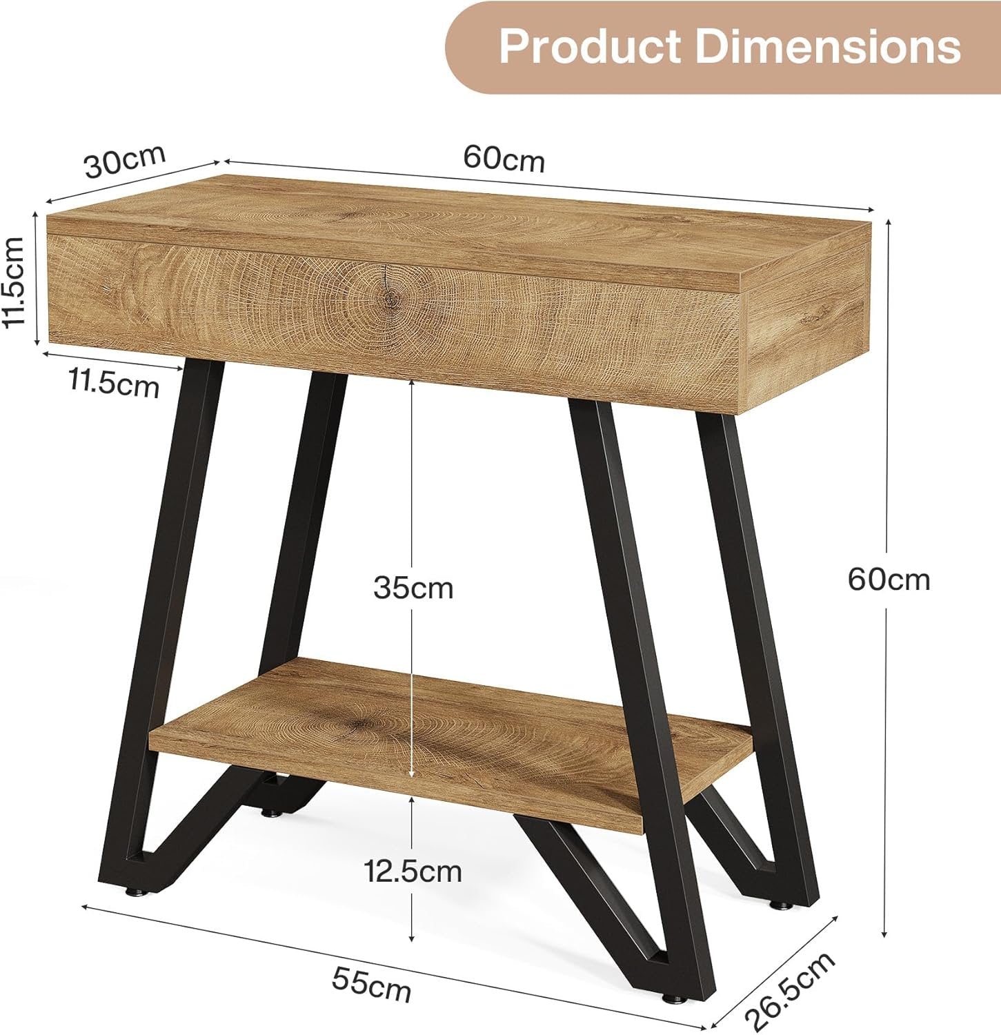 24" Natural Narrow End Table with Storage Shelf – Space-Saving Nightstand for Couch & Bedroom