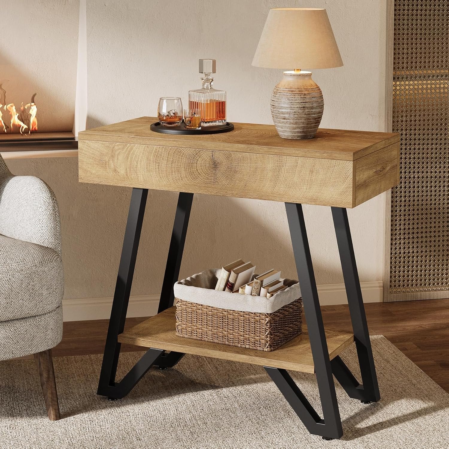 24" Natural Narrow End Table with Storage Shelf – Space-Saving Nightstand for Couch & Bedroom